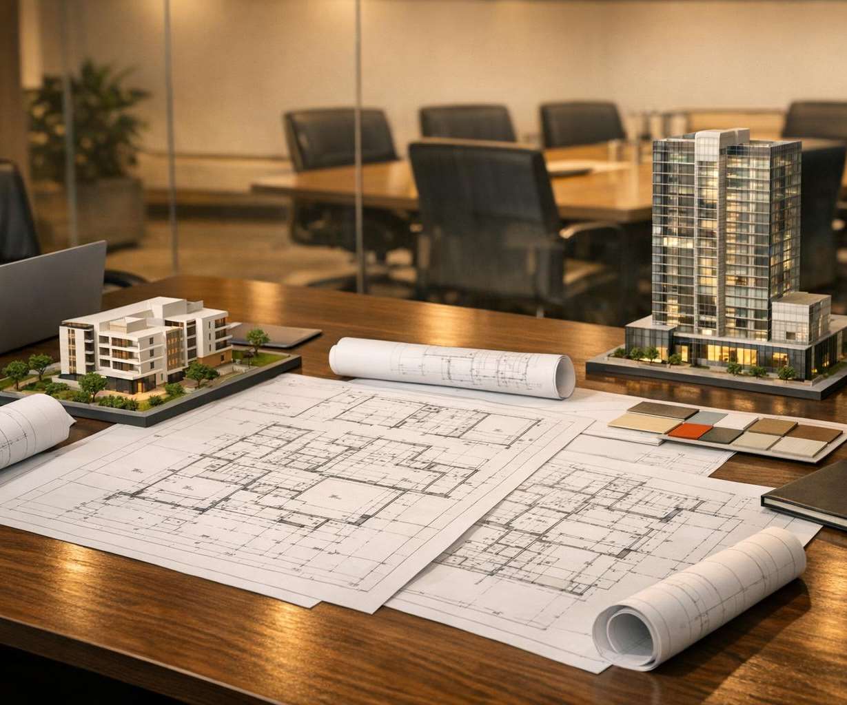 Project drawings and material samples on a design desk