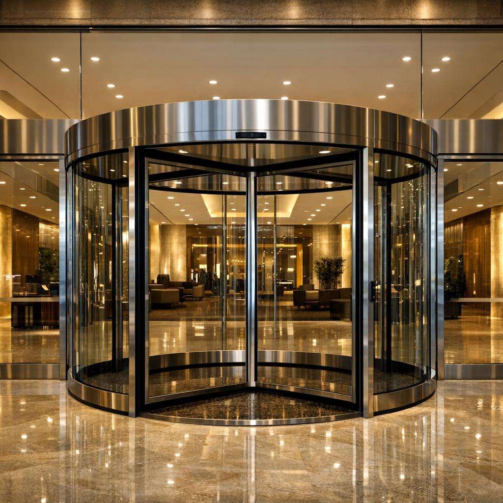 Automatic revolving door entrance in a premium lobby