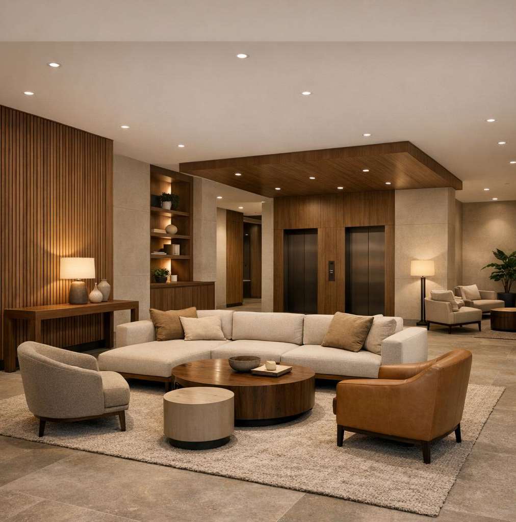 Premium building lobby with automatic entrance systems