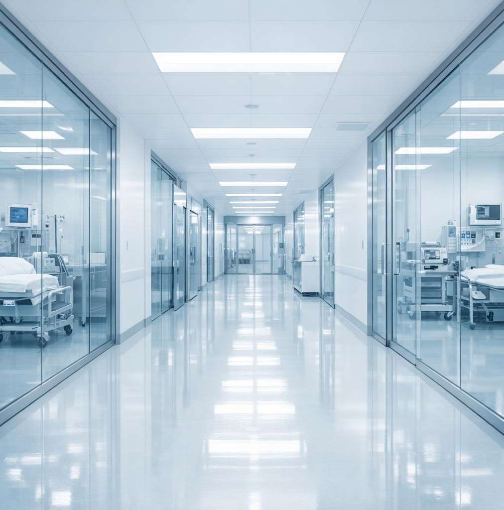 Hospital corridor with glazed partitions