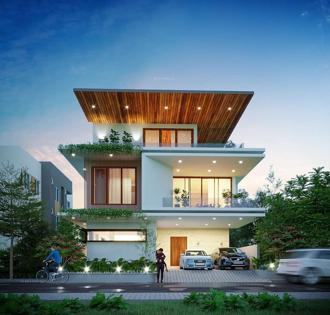 Contemporary villa exterior at dusk