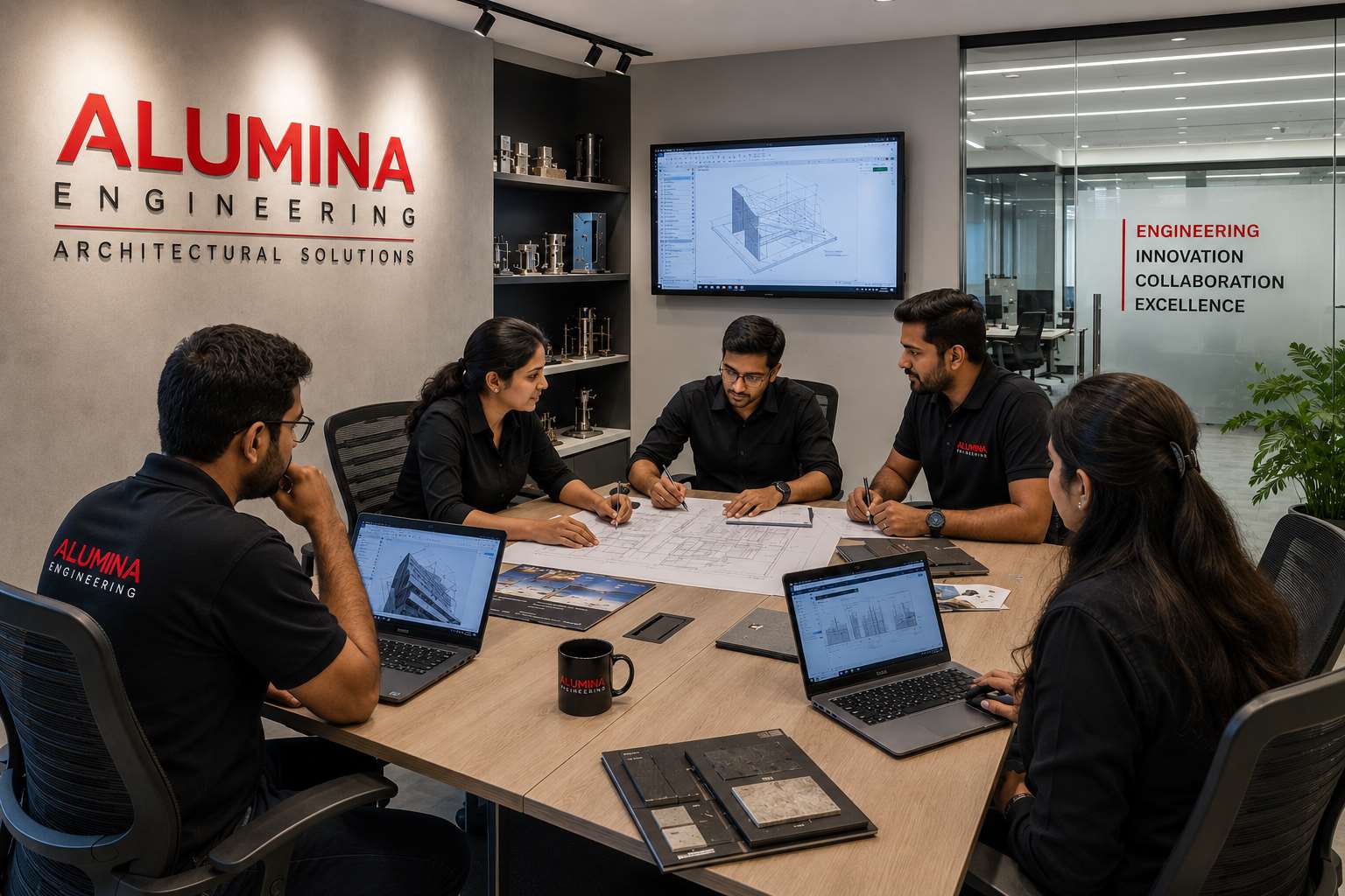 Alumina Engineering team reviewing a project in the Mumbai office